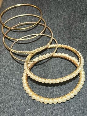 Gold Pearl Accent Bangle Bracelet Set - Women Jewelry